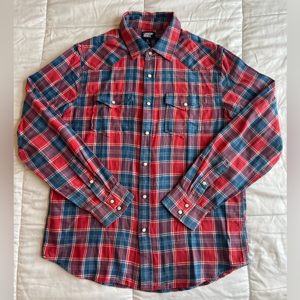 Lands End Western Yoke Pearl Snap Button Down LS Shirt Plaid Red White Blue Med
